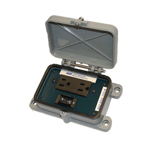 [RAI-DAC-104-B] ASI RAI-DAC-104-B Panel Interface Connector | Dual 120V AC Receptacle | 5A Circuit Breaker | Waterproof Aluminum Housing | NEMA 4, 4X, IP65 Rated | Locking Cover | Panel Mount