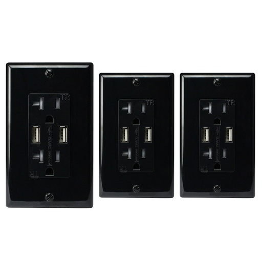 [ATUR3.4-20-03B] Wall Outlet with USB Charging Ports 3.4 Amp, Black, (3-Pack)
