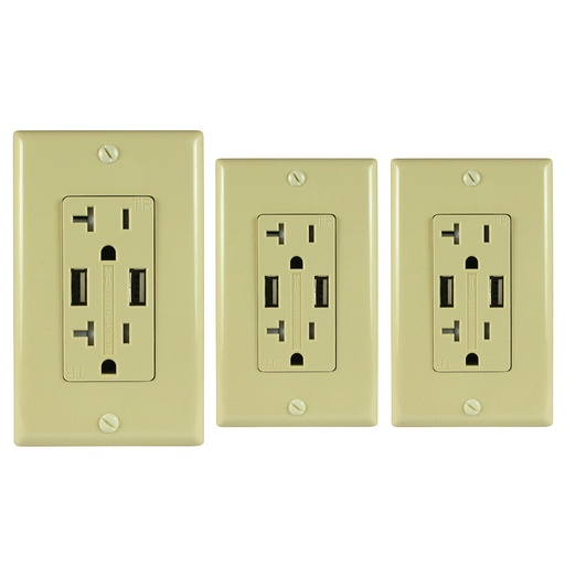 [ATUR3.4-20-03I] Wall Outlet with USB Charging Ports 3.4 Amp, Ivory, (3-Pack)