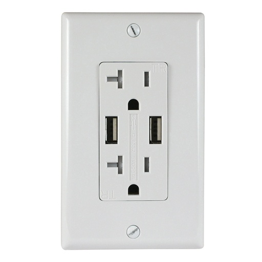 [ATUR3.4-20-W] AC Wall Outlet with USB Charging Ports and Wall Plate, 2 USB Charging Ports rated 3.4 Amp Total Capacity, Tamp