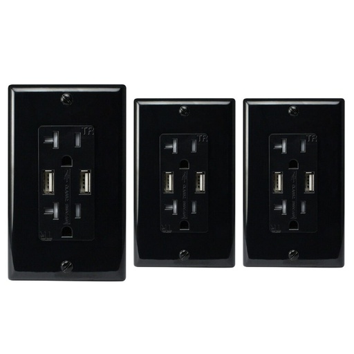 [ATUR5.0-20-03B] 20A Duplex Wall Outlet with 2 USB Charging Ports, Black, Includes Wall Plate, (3-Pack)