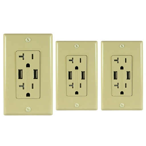 [ATUR5.0-20-03I] 20A Duplex Wall Outlet with 2 USB Charging Ports, Ivory, Includes Wall Plate, (3-Pack)