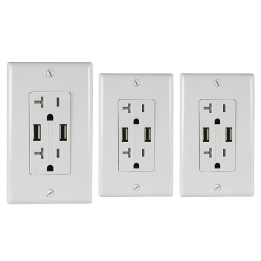 [ATUR5.0-20-03W] 20A Duplex Wall Outlet with 2 USB Charging Ports, White, Includes Wall Plate, (3-Pack)