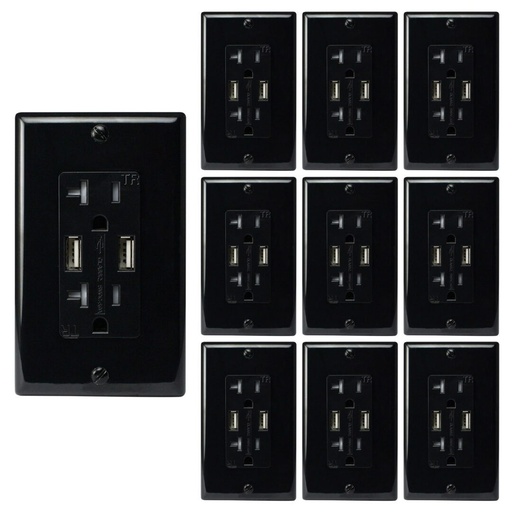 [ATUR5.0-20-10B] 20A Duplex Wall Outlet with 2 USB Ports, Black (10-Pack)