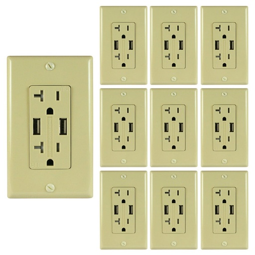 [ATUR5.0-20-10I] 20A Duplex Wall Outlet with 2 USB Ports, Ivory, Includes Wall Plate (10-Pack)