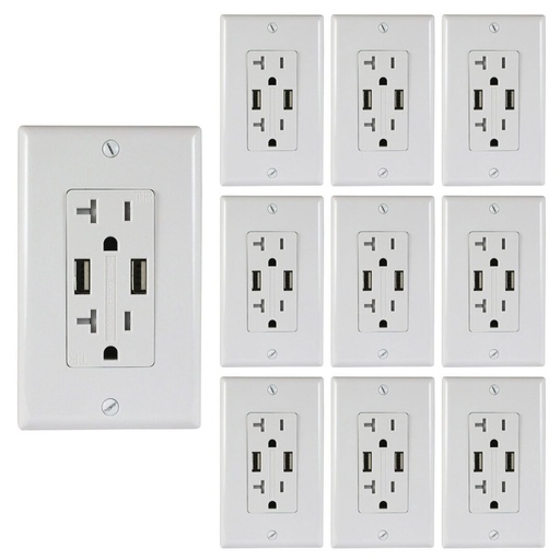 [ATUR5.0-20-10W] 20A Duplex Wall Outlet with 2 USB Ports, White, Includes Wall Plate (10-Pack)