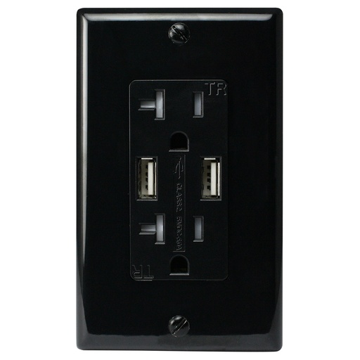 [ATUR5.0-20-B] 20A Duplex Wall Outlet with 2 USB Charging Ports, Black, Includes Wall Plate
