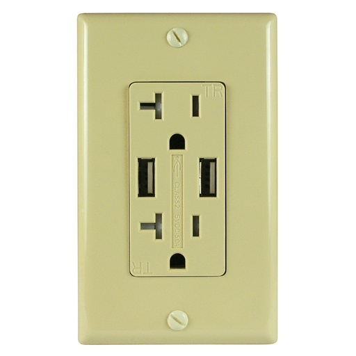 [ATUR5.0-20-I] 20A Duplex Wall Outlet with 2 USB Charging Ports, Ivory, Includes Wall Plate