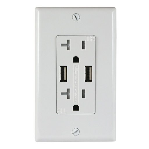 [ATUR5.0-20-W] 20A Duplex Wall Outlet with 2 USB Charging Ports, White, Includes Wall Plate