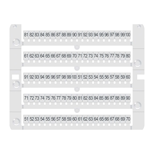 [NU0851051V] Numbered Strip Markers, Numbered 51 to 100, Vertically Positioned, Universal 5.2 mm Pitch, 8 mm High, 100 Markers per Card, 5 Cards