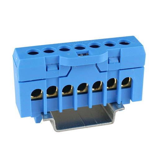 [QBLOK7001] Neutral Bus Bar Terminal Strip for (7) 8AWG wires, DIN Rail Mount, Blue Insulated Housing, 