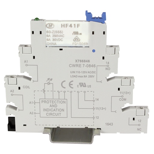 [X766846] DIN Rail Relay Module | SPDT Interposing Relay Interface | 115VAC/DC Coil | 6A 250VAC Output | UL Recognized