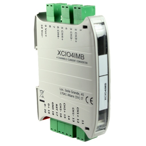 [XCIO4IMB] 4 Channel Remote I/O Data Acquisition Module, Current Input, + or - 20mA, Modbus RTU Output, DIN Rail Mount