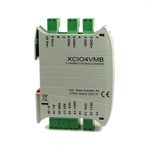 [XCIO4VMB] 4 Channel Remote I/O Data Acquisition Module, Voltage Input, + or - 10V, Modbus RTU Output, DIN Rail Mount