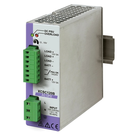 [XCSC120B] DIN Rail AC UPS, 12Vdc Power Supply With Integrated Battery Charger, 120Vac Input, 12Vdc Output, 5A, 
