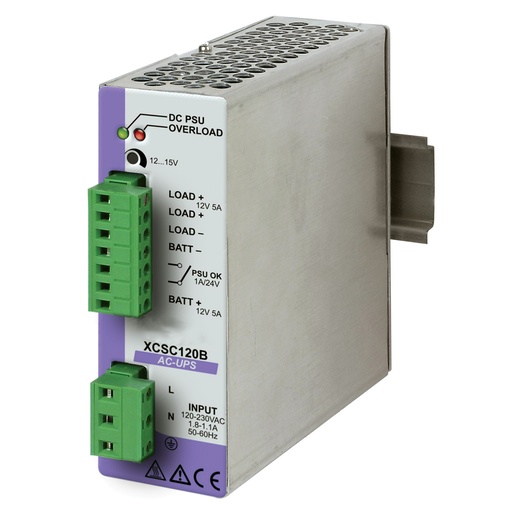 [XCSC120B] DIN Rail UPS Module, 12V DC Power Supply With Integrated Battery Charger, 120V-240V AC Input, 12V DC Output, 5A Continuous | Lead-Acid Batteries