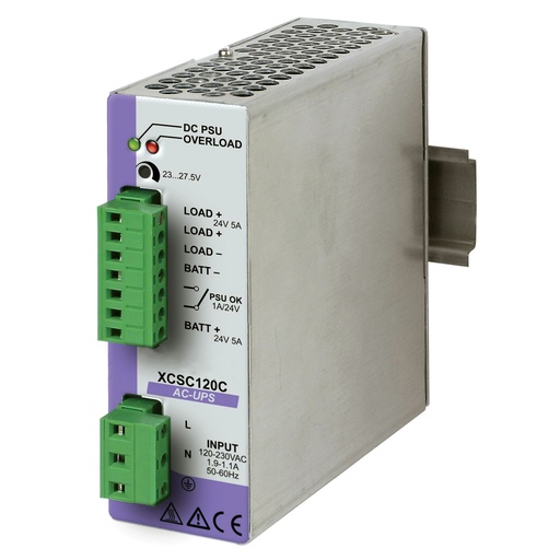 [XCSC120C] DIN Rail UPS Module, 24V DC Power Supply With Integrated Battery Charger, 120V-240V AC Input, 12V DC Output, 5A Continuous | Lead-Acid Batteries