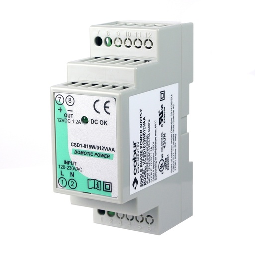 [XCSD1015W012VAA] 12 Vdc, 15W DIN Rail Power Supply, Compact, Low Profile, 120Vac Input, 12Vdc, 1.2A Output