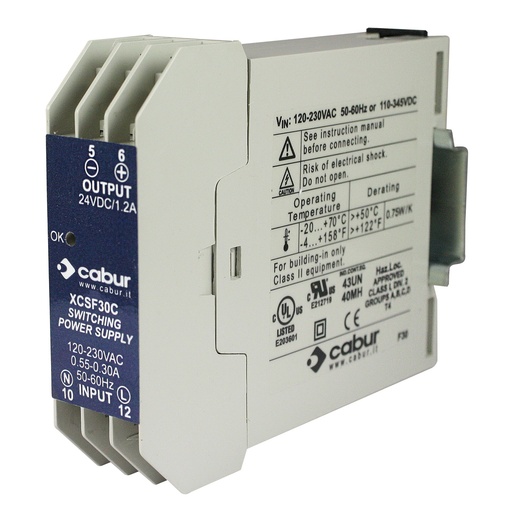 [XCSF30C] 24VDC 1.2A Ultra-Compact DIN Rail Power Supply | 30W Class | 90-264VAC Input | 23mm Wide | XCSF30C