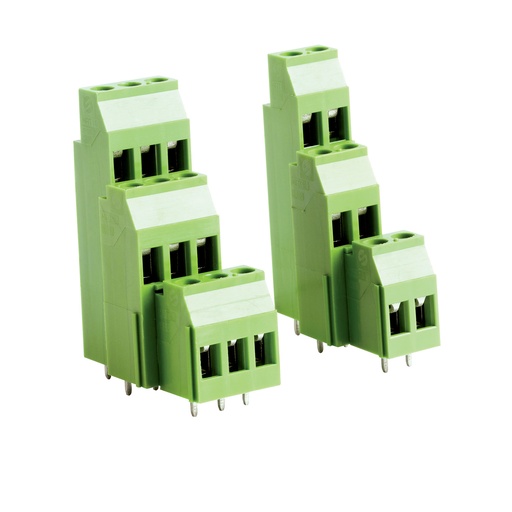 [MRT18P5.08-2VE] 3 Level, 2 Position PCB Terminal Block, 5.08mm Pin Spacing, 6 Wiring Positions, Green Housing, 30-12 AWG