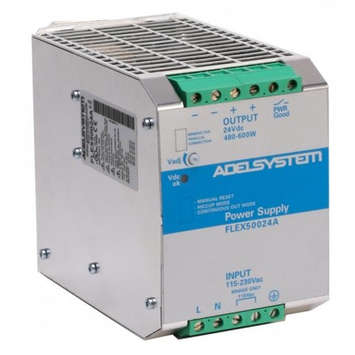 [FLEX50024A] 24V DC Power Supply, 25 Amp, 115-230V AC Input, Single Phase, DIN Rail Mounted