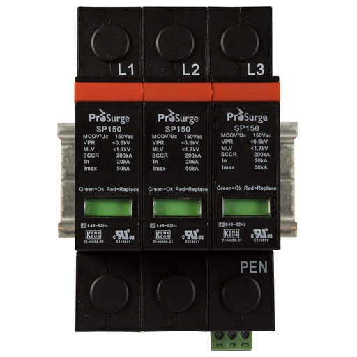 [ASISP150-3P] Three pole, including base and pluggable surge protector module with visual indication, DIN rail mount, UL1449 4th Edition, 208/120 Vac, MCOV 150 Vac