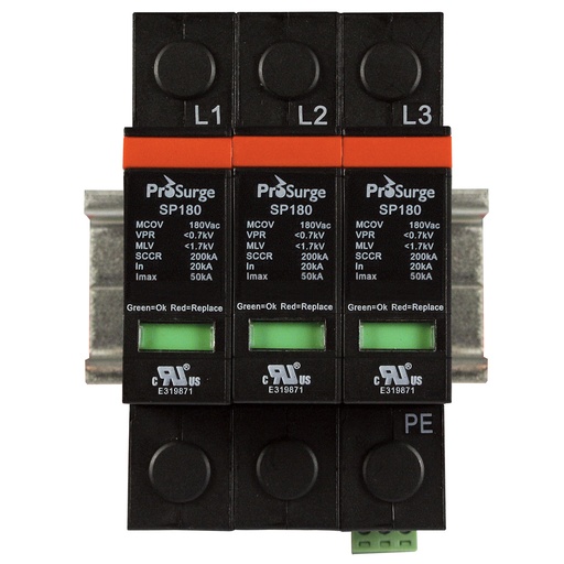 [ASISP180-3P] Three pole, including base and pluggable surge protector module with visual indication, DIN rail mount, UL1449 4th Edition, 208/120 Vac, MCOV 180 Vac