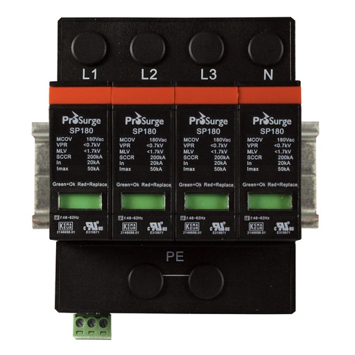[ASISP180-4P] Four pole, including base and pluggable surge protector module with visual indication, DIN rail mount, UL1449 4th Edition, 208/120 Vac, MCOV 180 Vac