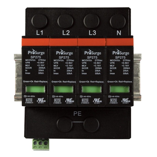 [ASISP275A-4P-S] Four pole, including base and pluggable surge protector module with visual indication, DIN rail mount, UL1449 4th Edition, 415/240 Vac, MCOV 275 Vac