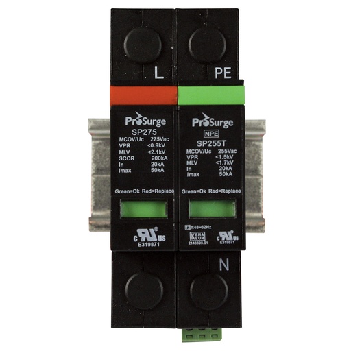 [ASISP275A-PN] 2 pole, including base and pluggable MOV and GDT surge protector modules with visual indication, DIN rail mount, UL1449 4th Edition, 240 Vac