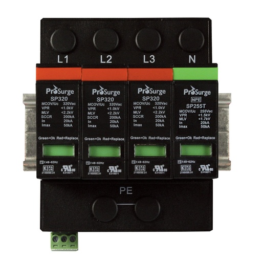 [ASISP320-4P] Four pole, including base and pluggable surge protector module with visual indication, DIN rail mount, UL1449 4th Edition, 480/277 Vac, MCOV 320 Vac