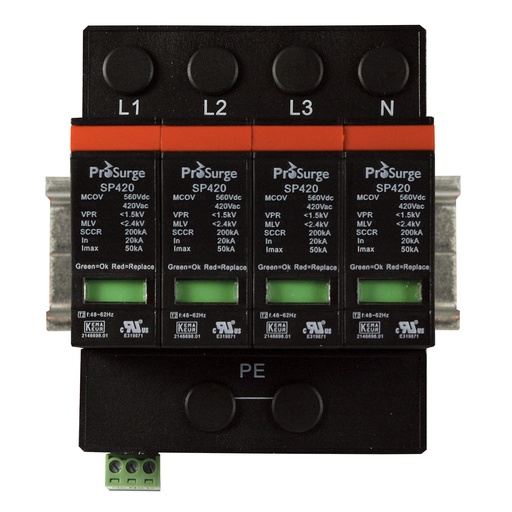 [ASISP420-4P] Four pole, including base and pluggable surge protector module with visual indication, DIN rail mount, UL1449 4th Edition, 600/347 Vac, MCOV 420 Vac