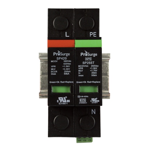 [ASISP420-PN] 2 pole, including base and pluggable MOV and GDT surge protector modules with visual indication, DIN rail mount, UL1449 4th Edition, 347 Vac