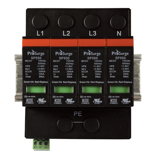 [ASISP550-4P] 3 Phase Surge Protector, Four pole, DIN rail mount, 600/347 Vac WYE, Pluggable SPD Modules, LED Indication, UL1449 4th Edition