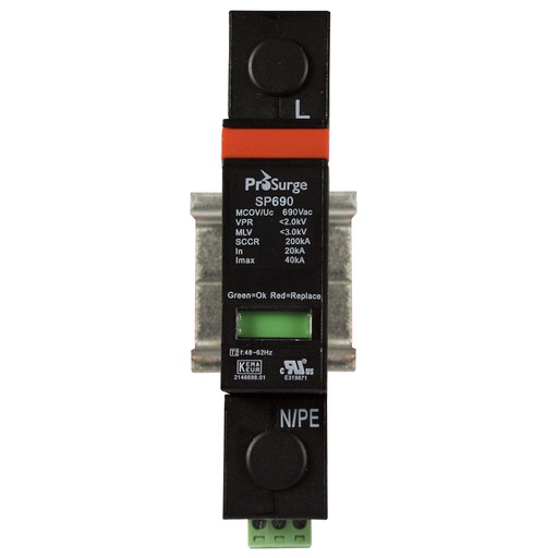 [ASISP690-1P] Surge Protector | 1 Pole w/base and pluggable module w/visual indicator | DIN Rail Mount | 600/347Y V AC, MCOV 690 V AC | UL1449 4th Edition | ASISP690-1P