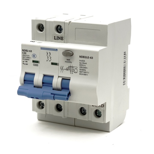 [NDB2LE-63C32-2] Mini Circuit Breaker | 32A  C Curve  400/415VAC  80VDC  10kAIC |  DIN Rail Mount |  Non Polarized |  MCB Branch Circuit Protection | 2P + N | NDB2LE-63C32-2 (2 Pole, C Trip, 32 Amp)