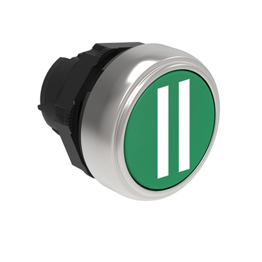 22mm Momentary PAUSE Push Button, Green, Flush, Symbol II. | SourceASI
