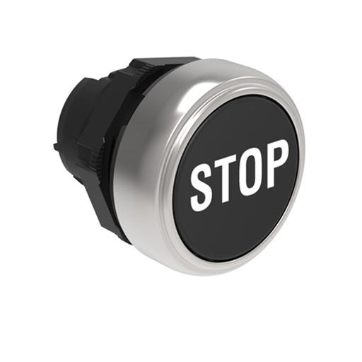 [LPCB1132] 22mm Momentary STOP Push Button, Black, Flush, Plastic, Symbol STOP.
