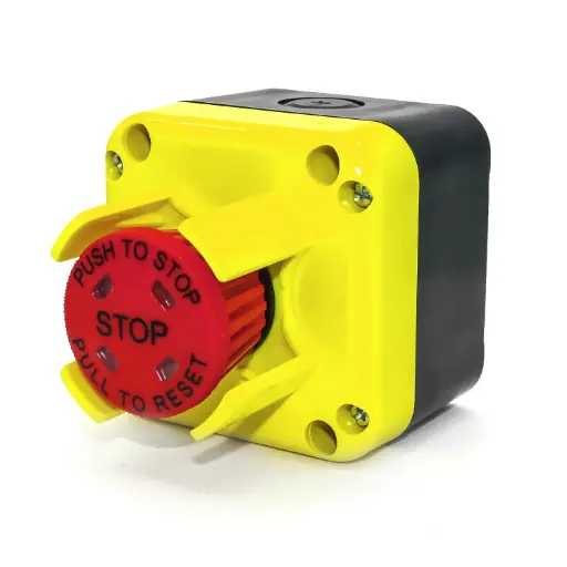 [ASI0604-ESTOP] Emergency Stop Control Station (E-Stop) | Push to Stop, Pull to Run | 40mm Red E-Stop Button | Visual Indicator | NEMA 4 Enclosure | 1NC Contact (B1OA010)