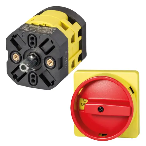 [P0200004R-KIT] Rotary Cam Switch, 2-Position On-Off, Load Break Switch, 4 Pole, 20A, 600V AC, Rear Panel, Door Mount | With Red Handle, Yellow Plate, On-Off Cam Switch Handle