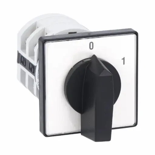 [7GN2006O48] Rotary Cam Switch, 2 Position, On-Off, Load Break Switch, 2 Pole, 20A, 600 Vac, DIN Rail Mount, Black Handle and Front Plate