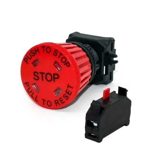 [ASI-03D100E7] E-Stop Button: Push-To Stop / Pull-To Release | 40mm Red Button with visual indicator | 22mm Body | 1NC Contact Included 