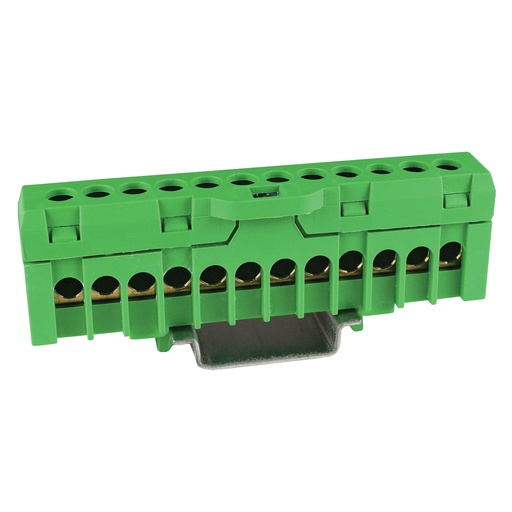 [QBLOK1202] ASI QBLOK1202 | DIN Rail Mount Neutral Bus Bar | Single Pole, 63A, 600V | 12x 10mm2 Connections | Green Terminal Strip | Single Unit