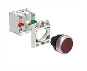 [MFG360.RED265VPBMOM] KIT 22mm Illuminated RED Momentary Plastic Push Button | 185-265VAC LED Integrated Lamp-holder with Steady Light | 1x NO Contact Contact | 1x NC Contact Contact| Contact Holder | Screw Termination 