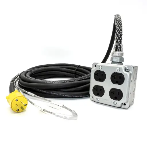 [MFG360-020025SS] MFG360-020025SS | Industrial Pendant Outlet Box |  25ft 12/3 SOOW Cable, Duplex 20A 125V, 1875 Watt capacity, 520PV Plug | Steel Housing | Strain Relief and Hanging Eyelet