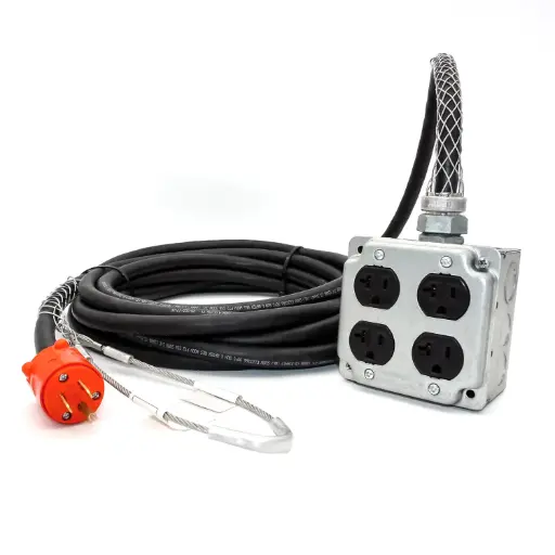 [MFG360-015025SS] MFG360-015025SS | Industrial Pendant Outlet Box – 25ft 12/3 SOOW Cable, Duplex 15A 125V, 1875 Watt capacity, NEMA 5-15 Plug – Steel Housing - Strain Relief and Hanging Eyelet