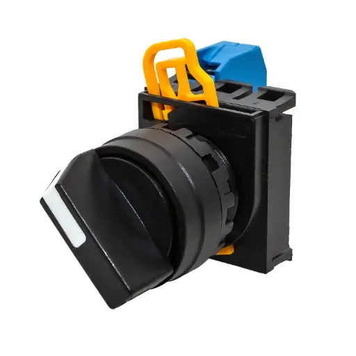 [ASI-08D100R4Y12POS1NO] 22mm Selector Rotary Switch | Black with White Tip | 2 Position Configuration  1-0 , 45° Turn  | Maintained | 1x NO Contacts included | UL Recognized | ASI-08D100R4Y12POS1NO 