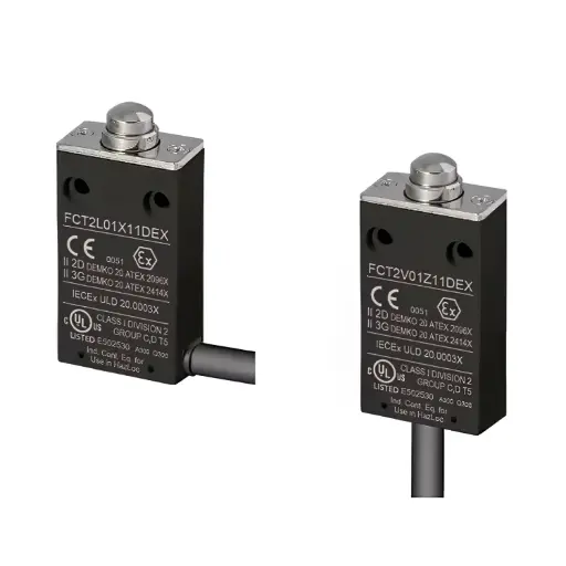 [FCT2L01Z11DEX] Hazardous Area Limit Switch | 10.5mm Metal End Plunger | Pre-Wired Horizontal Cable | 1NO+1NC Snap Action | ATEX / IECEx / UL HazLoc